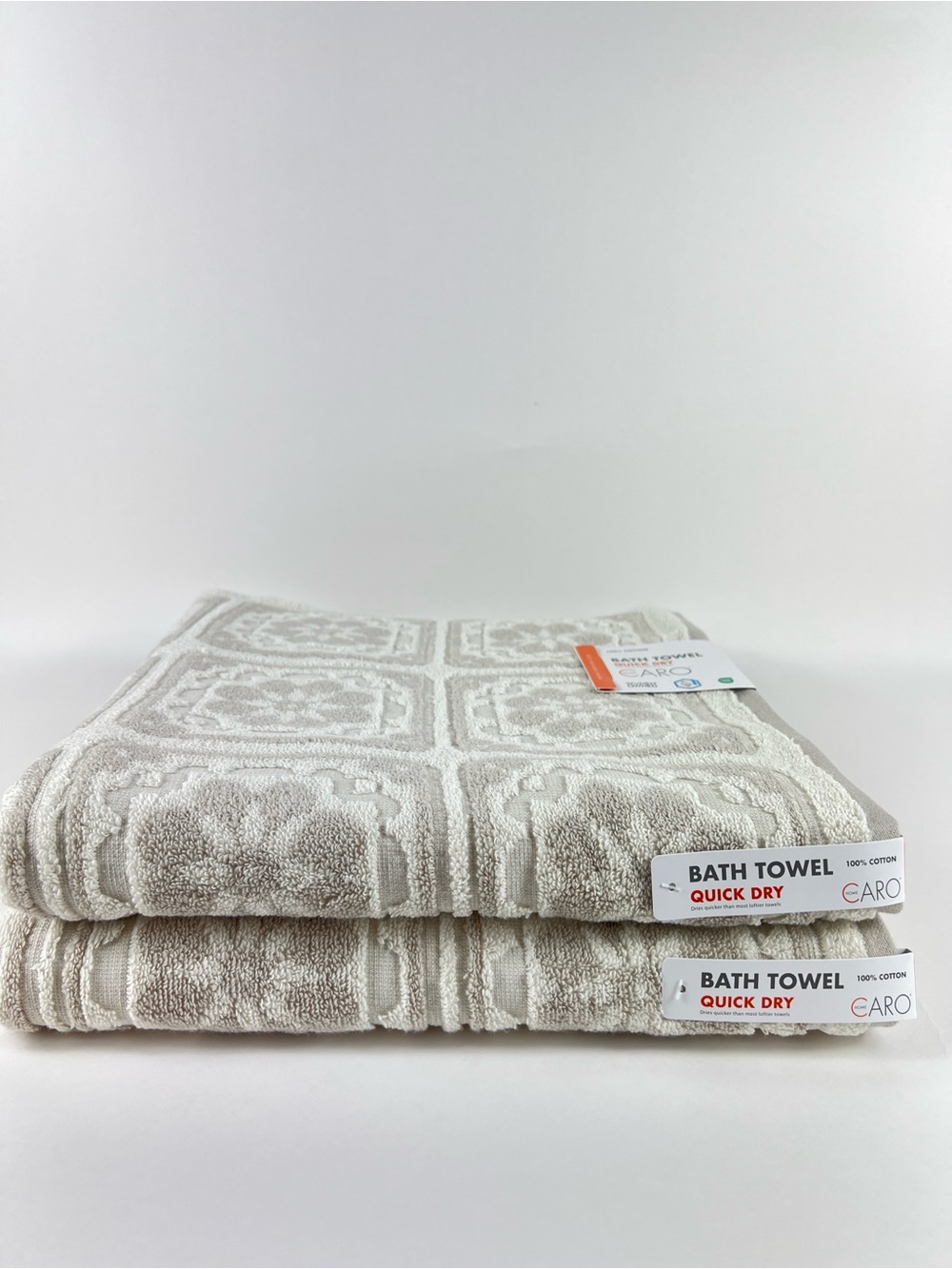 Caro Home Bath Towels Quick Dry Tan White Floral Soft 100% Cotton 2 Pc NEW